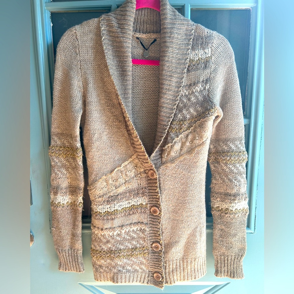 Y2K Wool Blend Lace Cream Metallic Gold Button Up Cardigan Sweater BKE Buckle S
